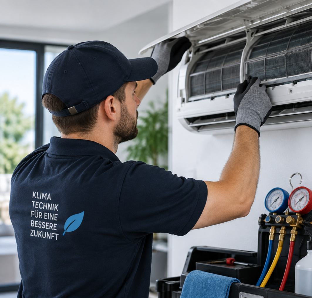 Monteur wartet eine Wand-Klimaanlage, Manometer-Set und Werkzeug daneben