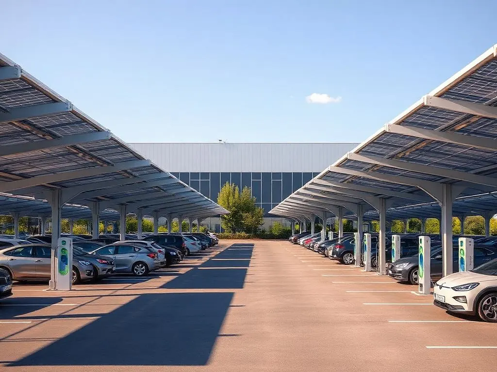 Gewerbliche Solar-Carport-Anlage über einer großen Parkfläche mit Ladepunkten