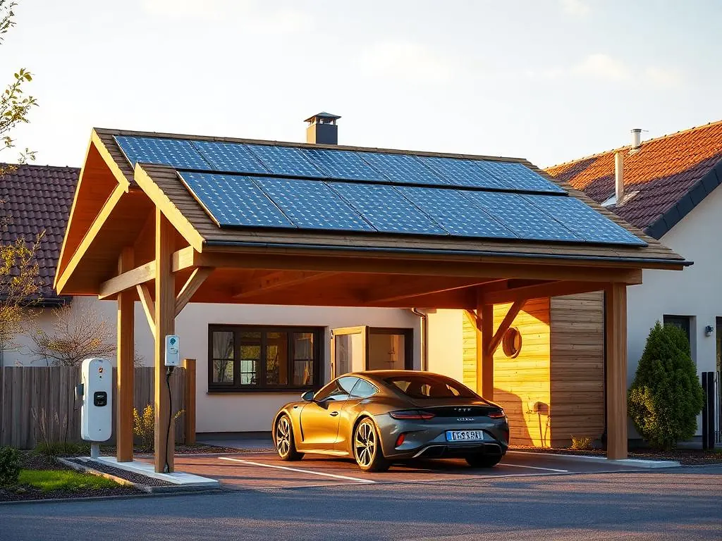Solar-Carport aus Holz mit PV-Modulen und Wallbox an einem Einfamilienhaus