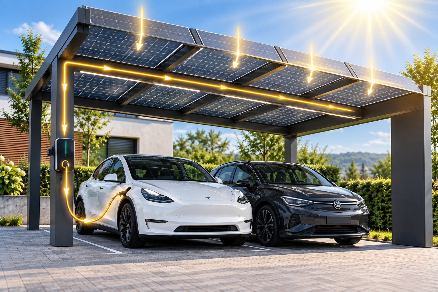 Solar-Carport mit PV-Dach, Wallbox und zwei Elektroautos – Energie fließt vom Dach ins Fahrzeug