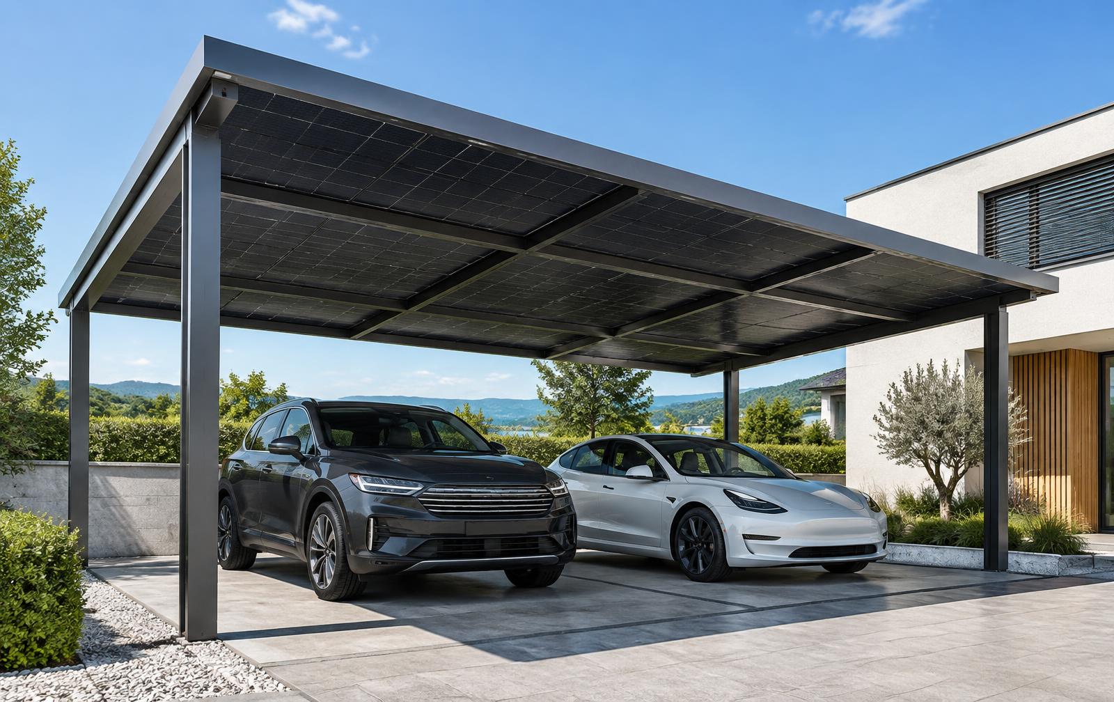 Solar-Carport mit Photovoltaikmodulen als Dach über zwei Stellplätzen