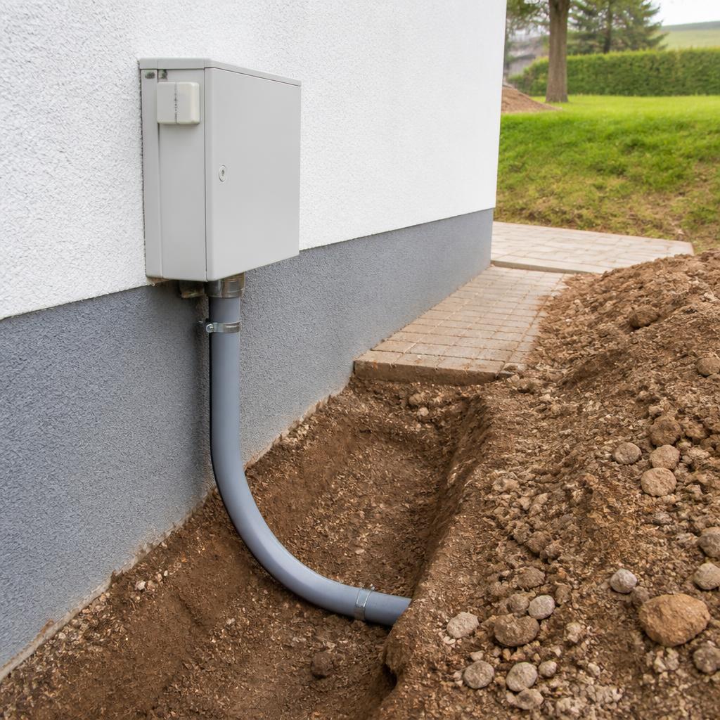 Hausanschlusskasten mit Erdkabel im Kabelgraben
