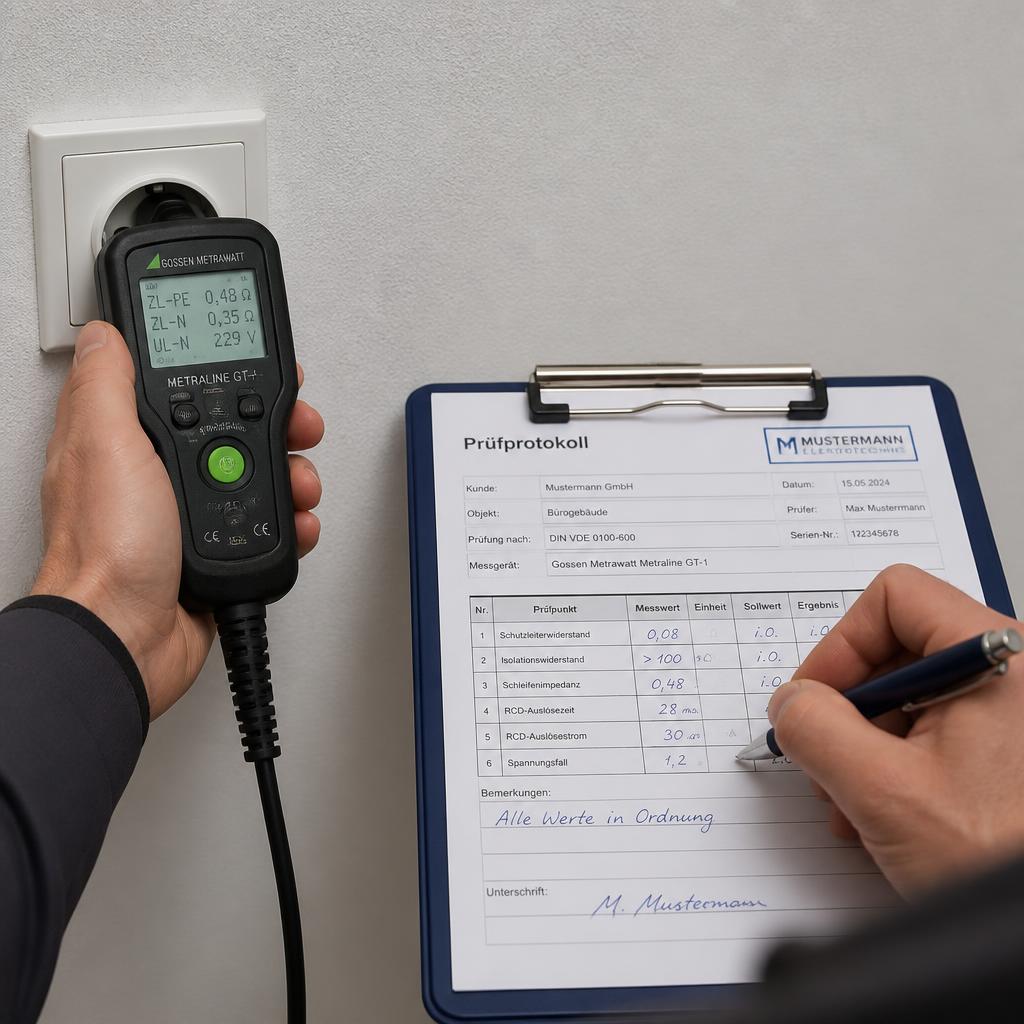 Messgerät und Prüfprotokoll bei der Elektroprüfung